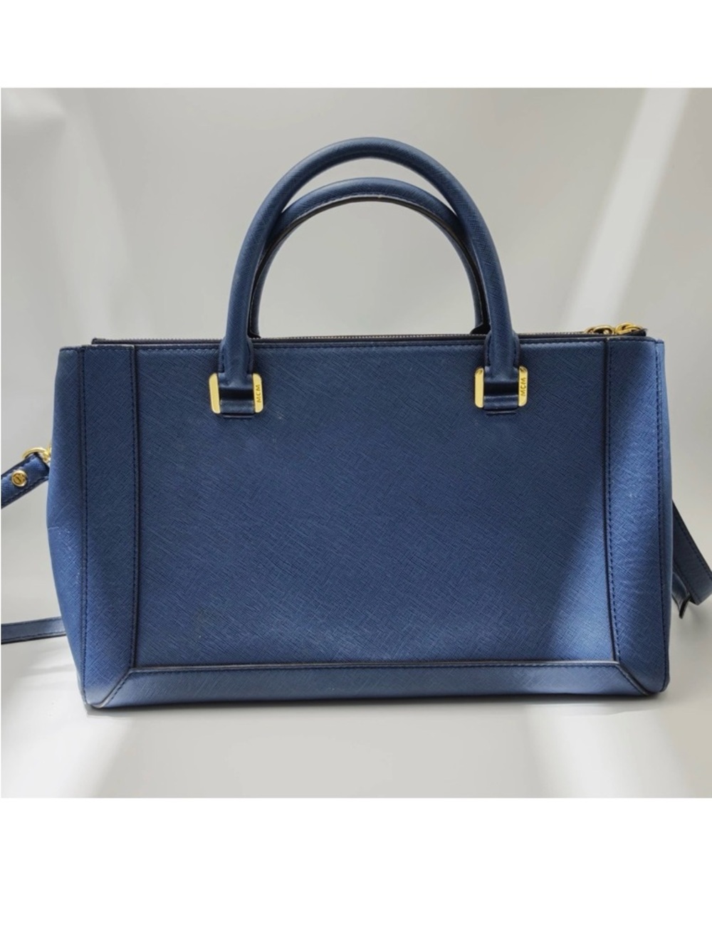 MCM Blue Leather Structured Top-Handle Satchel with Gold Hardware - Picture 4 of 10